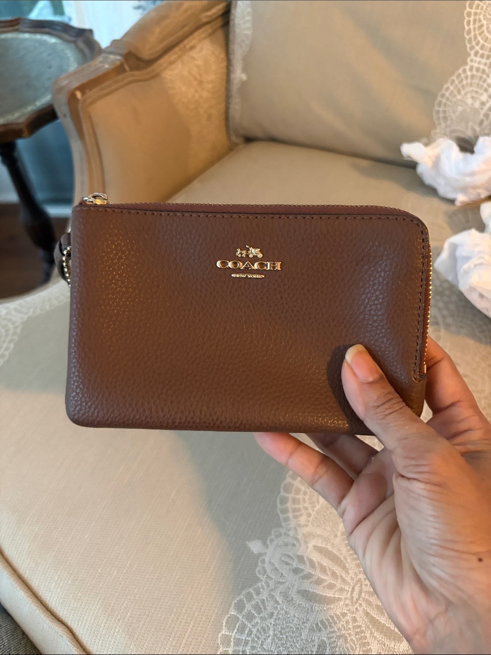 Coach Brown Pebbled Leather Zip Card Case